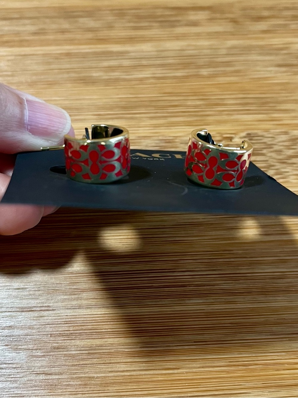 Coach Gold Tone & Red Enamel Signature Logo Huggie Hoop Earrings - Picture 3 of 4